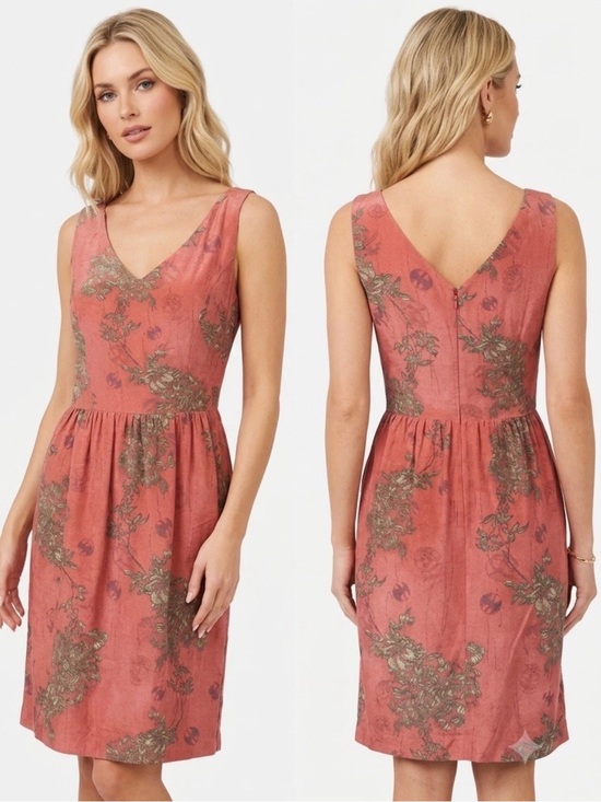 Peruvian Connection Dresses & Skirts - Peruvian Connection 100% Silk A-Line Dress 10 Red Asian Floral V Neck Pockets